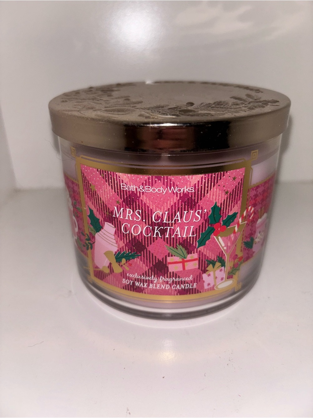 Bath & Body Works Mrs. Claus' Cocktail Pink Holiday Candle with Gold Lid